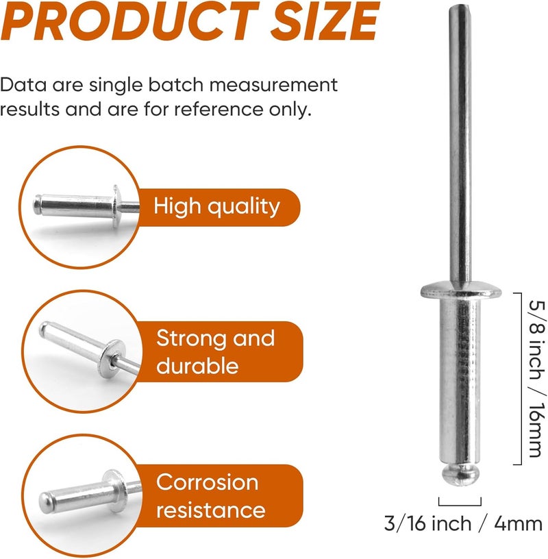 ALLCLEAN 200 Pcs 5/32" x 5/8" Aluminum Blind Rivets,4 x 16mm Pop Rivets,Aluminum Grip and Steel Mandrel - Image 2